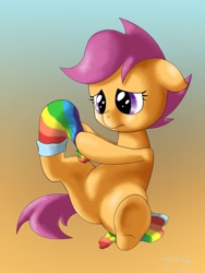 Size: 1500x2000 | Tagged: safe, artist:shoroch, derpibooru import, edit, scootaloo, clothes, filly, rainbow socks, socks, solo, striped socks, underhoof