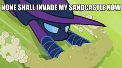 Size: 625x351 | Tagged: safe, derpibooru import, edit, edited screencap, screencap, mare do well, the mysterious mare do well, caption, dialogue, female, image macro, sandcastle, solo