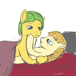 Size: 1280x1280 | Tagged: safe, artist:fuzebox, aunt orange, uncle orange, pony, 30 minute art challenge, bed, cuddling, female, imminent kissing, male, mare, pillow, shipping, stallion, the oranges