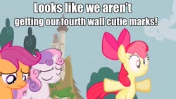 Size: 1279x719 | Tagged: safe, derpibooru import, edit, edited screencap, screencap, apple bloom, scootaloo, sweetie belle, ponyville confidential, caption, cutie mark crusaders, force field, fourth wall, image macro, meme, scrunchy face