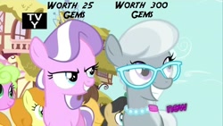 Size: 1280x720 | Tagged: safe, derpibooru import, screencap, carrot top, diamond tiara, golden harvest, lily, lily valley, silver spoon, caption, crack is cheaper, gameloft, gem, image macro, tv-y