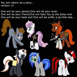 Size: 2000x2000 | Tagged: safe, derpibooru import, sweetie belle, oc, oc:blackjack, oc:calamity, oc:homage, oc:littlepip, oc:velvet remedy, pegasus, pony, unicorn, fallout equestria, battle saddle, blood, fanfic, fanfic art, female, gun, hat, male, mare, pipbuck, plot, reborn as a pony, stallion, weapon