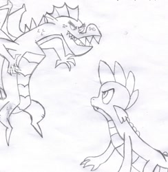 Size: 2074x2129 | Tagged: safe, derpibooru import, garble, spike, dragon, spike vs garble, traditional art