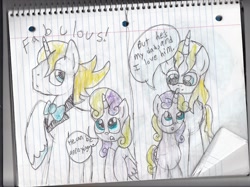 Size: 1280x958 | Tagged: safe, derpibooru import, prince blueblood, oc, oc:princess twila, ask, ask princess twila, father and child, father and daughter, lined paper, male, notebook, offspring, parent and child, parent:prince blueblood, parent:twilight sparkle, parents:twiblood, traditional art, tumblr