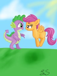 Size: 1024x1371 | Tagged: safe, artist:some-pegasister, derpibooru import, scootaloo, spike, dragon, blushing, female, male, scootaspike, shipping, straight