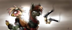 Size: 2500x1050 | Tagged: safe, artist:whitepone, derpibooru import, oc, oc only, oc:double tap, oc:paharita, griffon, fallout equestria, fallout equestria: anywhere but here, fanfic art, goggles, gun, handgun, pistol, reloading, scar, weapon