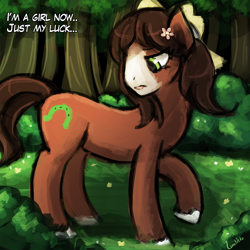 Size: 750x750 | Tagged: safe, artist:lumineko, trouble shoes, troubleheels clara, earth pony, pony, appleoosa's most wanted, 30 minute art challenge, dialogue, female, flower, flower in hair, frown, just my luck, looking back, mare, raised hoof, rule 63, solo, transformation, transgender transformation