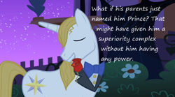 Size: 1060x591 | Tagged: safe, derpibooru import, edit, edited screencap, screencap, prince blueblood, the best night ever, headcanon, insane pony thread, rose, solo, tumblr