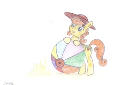 Size: 900x614 | Tagged: safe, artist:sweeterwho, derpibooru import, carrot top, golden harvest, ball, cute, cutie top, hat, solo, summer, traditional art