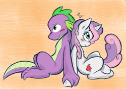 Size: 2085x1467 | Tagged: safe, artist:ambris, artist:scarletvye, derpibooru import, spike, sweetie belle, dragon, blushing, female, male, older, shipping, spikebelle, straight