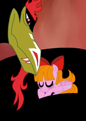 Size: 800x1125 | Tagged: safe, artist:teacupballerina, dragon, aku, blossom (powerpuff girls), crossover, dragonified, ponified, samurai jack, the powerpuff girls