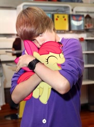 Size: 500x679 | Tagged: safe, derpibooru import, apple bloom, human, pikachu, troll, background pony strikes again, gengar, happy, hug, irl, irl human, justin bieber, photo, pokémon, ponies in real life, the horror, trolling