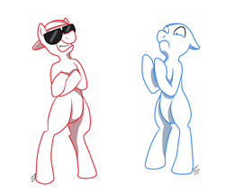 Size: 1158x992 | Tagged: safe, artist:kudalyn, derpibooru import, pony, bipedal, blue, dick figures, ponified, red, sunglasses