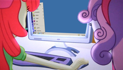 Size: 1256x720 | Tagged: safe, derpibooru import, edit, edited screencap, screencap, apple bloom, sweetie belle, equestria girls, equestria girls (movie), computer, duo, meme, obligatory pony, the crusaders browse the internet, windows, windows me