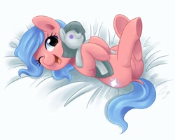 Size: 3000x2400 | Tagged: safe, artist:steffy-beff, derpibooru import, marble pie, oc, oc only, oc:skye, bed, cute, dock, legs in air, looking at you, on back, open mouth, plushie, smiling, solo, underhoof, wink