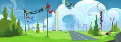 Size: 8000x2792 | Tagged: safe, artist:ambassad0r, derpibooru import, wonderbolts academy, absurd resolution, background, cloud, no pony, rainbow waterfall, runway, scenery, vector, wonderbolts headquarters