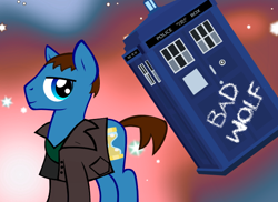Size: 690x502 | Tagged: safe, doctor whooves, bad wolf, christopher eccleston, doctor who, jumper, leather, ninth doctor, peacoat, ponified, tardis