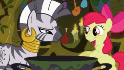 Size: 640x360 | Tagged: safe, apple bloom, zecora, zebra, animated, animation error, chipped tooth, faic, i dont even know