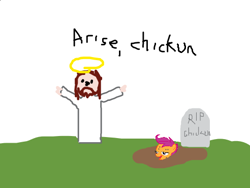 Size: 492x369 | Tagged: safe, derpibooru import, scootaloo, 1000 hours in ms paint, aqua teen hunger force, chickun, exploitable meme, forced meme, grave, gravestone, halo, jesus christ, meme, ms paint, reference, resurrection, scootachicken