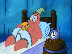 Size: 557x418 | Tagged: safe, edit, scootaloo, chicken, bed, clock, clothes, graveyard shift, patrick star, sandwich, scootaburger, spongebob squarepants, underwear