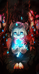 Size: 640x1200 | Tagged: safe, artist:atryl, derpibooru import, oc, oc only, anthro, ghost, unguligrade anthro, clothes, fantasy, forest, glow, scarf, wisp