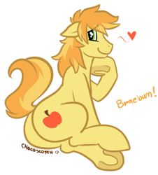 Size: 600x664 | Tagged: safe, artist:chocoscotch, artist:kure, braeburn, heart, hooves, plot, smiling