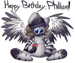 Size: 1280x1068 | Tagged: safe, artist:extradan, derpibooru import, oc, oc only, pegasus, pony, can, happy birthday, hat, philliam