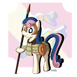 Size: 1050x1050 | Tagged: safe, artist:cheshiresdesires, bon bon, sweetie drops, earth pony, pony, abstract background, armor, cutie mark background, smiling, solo, spear, weapon