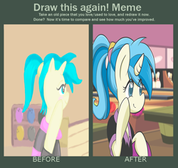 Size: 784x744 | Tagged: safe, artist:do-it-yourself, derpibooru import, allie way, before and after, blushing, bowling, bowling alley, bowling ball, bowling pin, cute, draw this again, meme, ponytail, redrawn