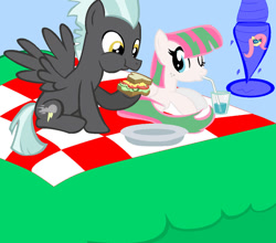 Size: 1024x902 | Tagged: safe, artist:artsy-kitten, derpibooru import, blossomforth, thunderlane, hurricane fluttershy, backwards cutie mark, blossomlane, female, male, picnic, sandwich, shipping, straight