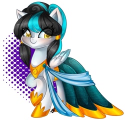 Size: 1024x982 | Tagged: safe, artist:couratiel, derpibooru import, oc, oc only, oc:soaring grace, blue, clothes, design, dress, gala, solo