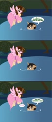 Size: 1304x3057 | Tagged: safe, artist:blackcat76, derpibooru import, oc, oc only, oc:shinta pony, blackcat76, clothes, comic, dress, pond, spanish, water