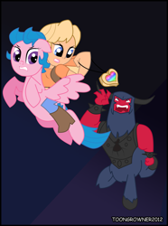 Size: 1459x1966 | Tagged: safe, artist:toongrowner, firefly, lord tirek, megan williams, tirac, centaur, human, pegasus, pony, g1, female, g1 to g4, generation leap, humans riding ponies, male, mare, meganfly, rainbow of darkness, rainbow of light, riding