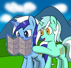 Size: 1010x960 | Tagged: safe, artist:haxorus31, derpibooru import, lyra heartstrings, minuette, magic, map, telekinesis