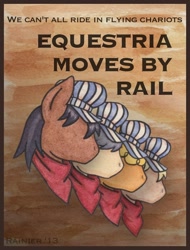 Size: 758x1000 | Tagged: safe, artist:rainier, derpibooru import, caboose, evening star, full steam, john bull, promontory, earth pony, pony, male, poster, propaganda, rail pony, railroad, stallion