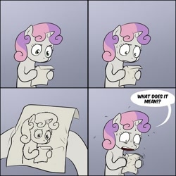 Size: 600x600 | Tagged: safe, sweetie belle, pony, unicorn, bipedal, comic, dialogue, exploitable meme, female, filly, gradient background, hoof hold, horn, letter, meme, paper, recursion, solo, speech bubble, sweetie's note meme, two toned hair, two toned mane, white coat