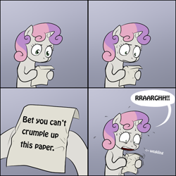 Size: 500x500 | Tagged: safe, artist:lemondevil, edit, pony, unicorn, bipedal, biporarity, comic, dialogue, exploitable meme, female, filly, gradient background, hoof hold, horn, letter, meme, paper, solo, speech bubble, sweetie's note meme, two toned hair, two toned mane, white coat