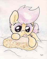 Size: 738x926 | Tagged: safe, artist:slightlyshade, scootaloo, cake, food, snow, solo, strudel, traditional art