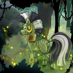 Size: 800x800 | Tagged: safe, artist:14dreamer, derpibooru import, zecora, firefly (insect), zebra, forest, plot, solo