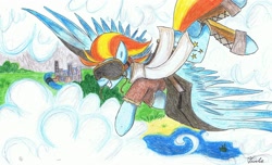 Size: 2380x1448 | Tagged: safe, artist:all-twinkie, lightning dust, pegasus, pony, flight, solo, steampunk, traditional art