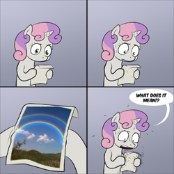 Size: 398x398 | Tagged: safe, sweetie belle, pony, unicorn, bipedal, comic, dialogue, double rainbow, exploitable meme, female, filly, gradient background, hoof hold, horn, letter, meme, paper, solo, speech bubble, sweetie's note meme, two toned hair, two toned mane, what does it mean, white coat