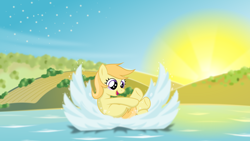 Size: 1920x1080 | Tagged: safe, artist:lumorn, derpibooru import, noi, happy, jumping, splash, sun, water