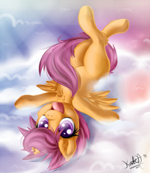 Size: 955x1100 | Tagged: safe, artist:knifeh, scootaloo, chest fluff, cloud, cloudy, cute, cutealoo, on back, solo