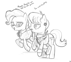 Size: 1600x1400 | Tagged: safe, artist:tex, derpibooru import, mayor mare, ms. harshwhinny, glasses, monochrome