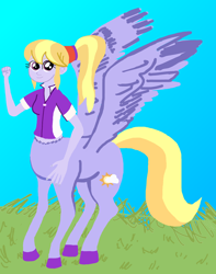 Size: 1626x2062 | Tagged: safe, artist:oneovertwo, derpibooru import, cloud kicker, cloudy kicks, centaur, ponytaur, equestria girls, background human, fusion, pegataur, solo, what has science done