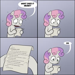 Size: 1280x1280 | Tagged: safe, sweetie belle, pony, unicorn, bipedal, comic, dialogue, dictionary, exploitable meme, female, filly, gradient background, hoof hold, horn, letter, meme, paper, solo, speech bubble, sweetie's note meme, two toned hair, two toned mane, white coat