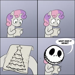 Size: 700x700 | Tagged: safe, sweetie belle, pony, unicorn, bipedal, christmas, christmas tree, comic, dialogue, exploitable meme, female, filly, gradient background, hoof hold, horn, jack skellington, letter, meme, paper, solo, song in the comments, speech bubble, sweetie's note meme, the nightmare before christmas, tree, two toned hair, two toned mane, white coat