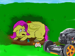 Size: 1000x750 | Tagged: safe, derpibooru import, fluffy pony, crying, fluffy pony foals, fluffy pony mother, fluffyshy, implied pissing, lawn mower, urine