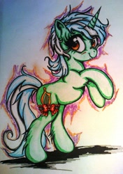 Size: 1374x1949 | Tagged: safe, artist:tomek2289, lyra heartstrings, pony, unicorn, blushing, chest fluff, garter, rearing, smiling, solo, traditional art