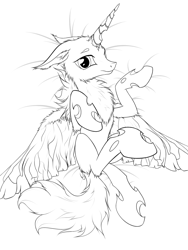 Size: 1200x1600 | Tagged: safe, artist:xn-d, derpibooru import, oc, oc only, changeling, moth, mothling, mothpony, nymph, original species, changeling oc, chest fluff, lineart, monochrome, on back, solo, species swap